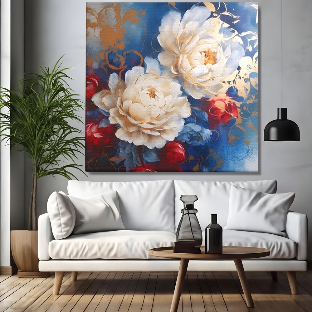 Tablou canvas cu pictura abstracta cu bujori albi, fara rama, pe sasiu de lemn, pe perete intr-un living